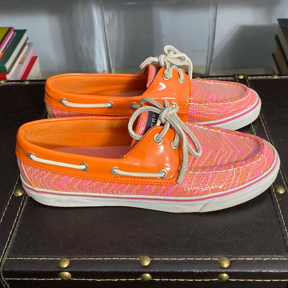 Orange/Pink sequin Sperry boat shoes (size 7)